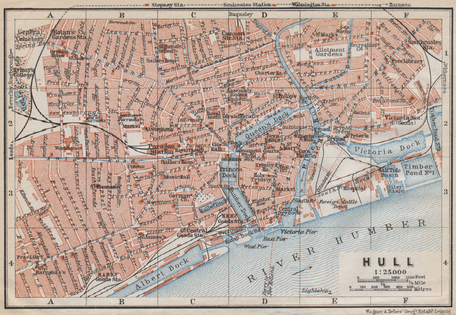KINGSTON-UPON-HULL antique town city centre plan. Yorkshire. BAEDEKER 1910 map